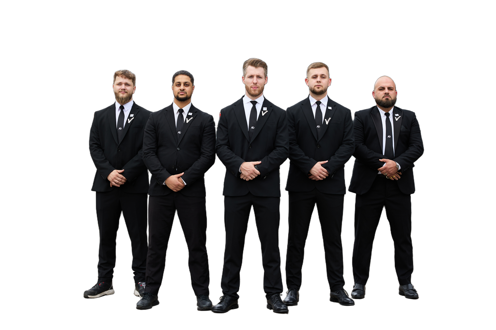 Vijf beveiligers van All Day Services in zwart pak met AD-dasspeld en V-insigne, vaste teams voor objectbeveiliging en hotelbeveiliging